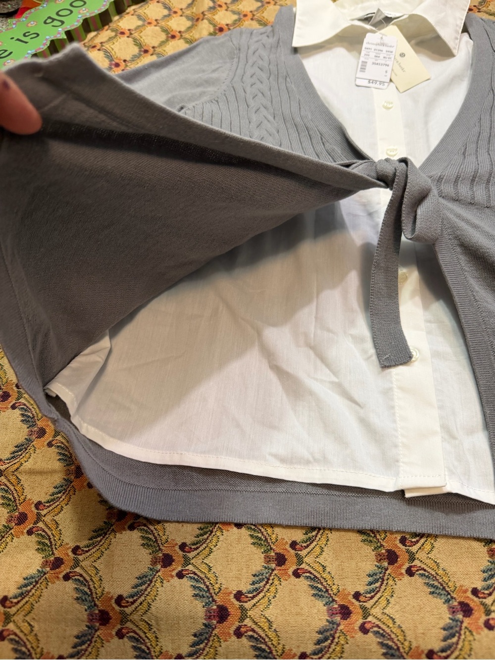 Gray Tie-Front Women's Cardigan Sweater-one piece - Picture 4 of 11